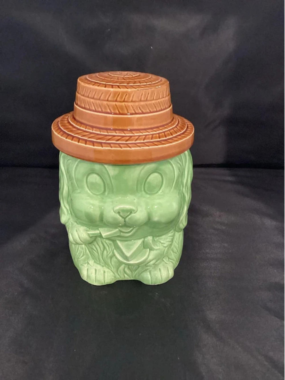 Cookie Jar Green Dog Eating Cheese in Straw Hat Made Marked Japan